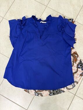 Chico's Royal Blue Ruffle Sleeve V-Neck Blouse